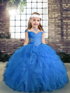  Straps Sleeveless Lace Up Little Girl Pageant Gowns Blue Tulle