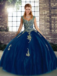  Royal Blue Sleeveless Tulle Lace Up Quinceanera Gown for Military Ball and Sweet 16 and Quinceanera