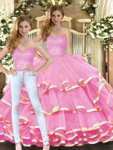  Floor Length Rose Pink Sweet 16 Dresses Sweetheart Sleeveless Lace Up