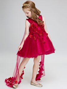  Ball Gowns Sleeveless Wine Red Flower Girl Dresses Watteau Train Lace Up