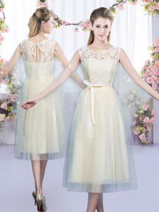 Elegant Scoop Sleeveless Lace Up Court Dresses for Sweet 16 Champagne Tulle