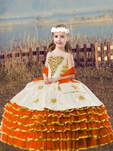 Gorgeous Straps Sleeveless Kids Formal Wear Floor Length Beading and Embroidery and Ruffled Layers Orange Red Organza