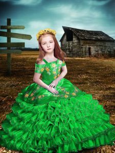 New Arrival Green Short Sleeves Floor Length Embroidery and Ruffled Layers Lace Up Little Girl Pageant Gowns