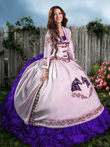 Chic White And Purple Lace Up 15 Quinceanera Dress Embroidery and Ruffles Sleeveless Floor Length