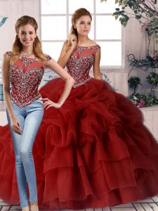 Nice Zipper 15th Birthday Dress Wine Red for Military Ball and Sweet 16 and Quinceanera with Beading and Pick Ups Brush Train