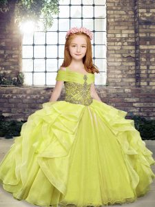  Organza Straps Sleeveless Lace Up Beading and Ruffles Little Girls Pageant Dress Wholesale in Yellow Green