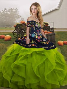 Beautiful Sleeveless Tulle Floor Length Lace Up 15 Quinceanera Dress in Yellow Green with Embroidery and Ruffles