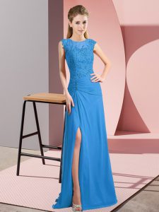 Excellent Floor Length Blue Prom Evening Gown Chiffon Sleeveless Lace and Appliques