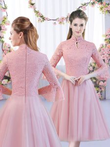 Chic Pink Vestidos de Damas Wedding Party with Lace High-neck 3 4 Length Sleeve Zipper