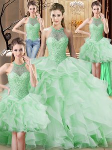 On Sale Apple Green Organza Lace Up Sweet 16 Quinceanera Dress Sleeveless Brush Train Beading and Ruffles