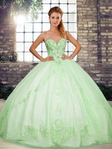  Apple Green 15 Quinceanera Dress Military Ball and Sweet 16 and Quinceanera with Beading and Embroidery Sweetheart Sleeveless Lace Up