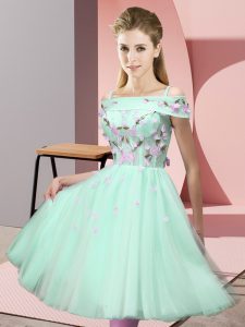 Ideal Apple Green Lace Up Off The Shoulder Appliques Dama Dress for Quinceanera Tulle Short Sleeves