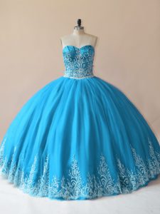 Modest Floor Length Baby Blue Quince Ball Gowns Tulle Sleeveless Embroidery
