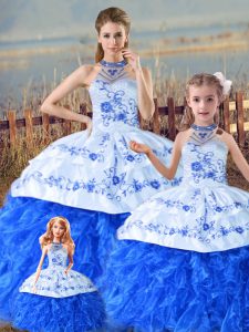  Floor Length Blue And White Quinceanera Dress Organza Court Train Sleeveless Embroidery and Ruffles