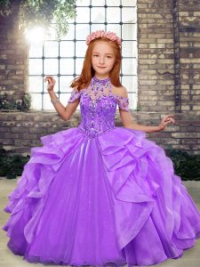 Customized Off The Shoulder Sleeveless Organza Kids Formal Wear Beading and Ruffles Lace Up