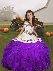  Sleeveless Floor Length Embroidery and Ruffles Lace Up Kids Pageant Dress with Purple