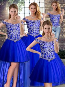  Sleeveless Beading Lace Up Ball Gown Prom Dress with Royal Blue Brush Train