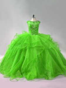 Sumptuous Ball Gowns Scoop Sleeveless Organza Brush Train Lace Up Beading and Ruffles Quinceanera Gown