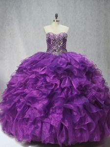  Purple Sleeveless Organza Brush Train Lace Up Sweet 16 Dresses for Sweet 16 and Quinceanera
