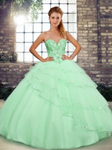 Low Price Apple Green Vestidos de Quinceanera Sweet 16 and Quinceanera with Beading and Ruffled Layers Sweetheart Sleeveless Brush Train Lace Up