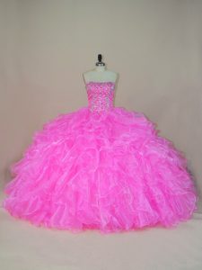 Captivating Ball Gowns 15th Birthday Dress Pink Strapless Organza Sleeveless Floor Length Lace Up
