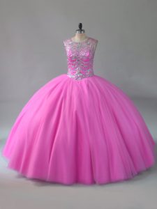 Gorgeous Tulle Scoop Sleeveless Lace Up Beading Quinceanera Dresses in Rose Pink 