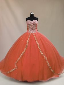 Cute Lace Up Quince Ball Gowns Orange for Sweet 16 and Quinceanera with Beading Brush Train