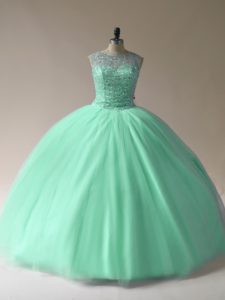 Custom Made Apple Green Ball Gowns Beading 15 Quinceanera Dress Lace Up Tulle Sleeveless Floor Length