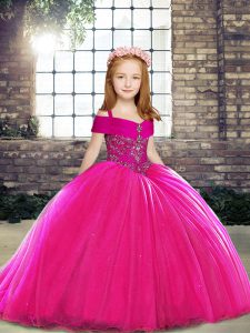 Dramatic Tulle Straps Sleeveless Brush Train Lace Up Beading Little Girls Pageant Gowns in Fuchsia