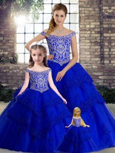 Discount Lace Up Quinceanera Gown Royal Blue for Military Ball and Sweet 16 and Quinceanera with Beading and Lace Brush Train