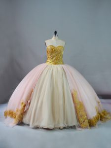Fabulous Sleeveless Beading and Lace and Appliques Lace Up Quinceanera Gown with Pink and Champagne Brush Train
