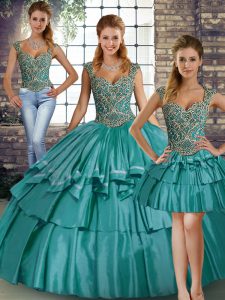 Flirting Taffeta Straps Sleeveless Lace Up Beading and Ruffled Layers Sweet 16 Quinceanera Dress in Teal 