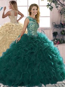  Peacock Green Sweet 16 Quinceanera Dress Military Ball and Sweet 16 and Quinceanera with Beading and Ruffles Scoop Sleeveless Lace Up