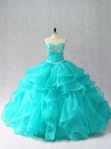 Custom Made Aqua Blue Sweetheart Neckline Beading and Ruffles Ball Gown Prom Dress Sleeveless Lace Up