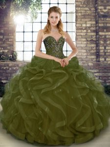 Super Floor Length Olive Green Quince Ball Gowns Tulle Sleeveless Beading and Ruffles