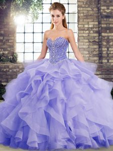  Lavender Ball Gowns Sweetheart Sleeveless Tulle Brush Train Lace Up Beading and Ruffles 15th Birthday Dress