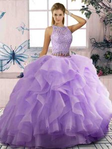 Glorious Lavender Tulle Zipper Quinceanera Gown Sleeveless Floor Length Beading and Ruffles