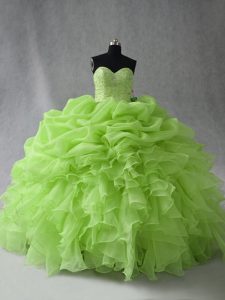 Cute Sweetheart Sleeveless Quince Ball Gowns Floor Length Beading and Ruffles and Pick Ups Yellow Green Organza