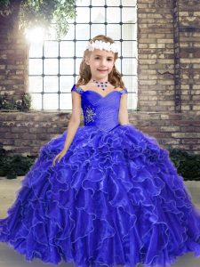  Floor Length Ball Gowns Sleeveless Blue Girls Pageant Dresses Lace Up