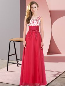  Empire Quinceanera Court Dresses Red Scoop Chiffon Sleeveless Floor Length Backless