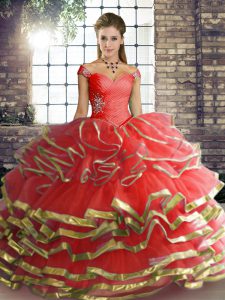  Coral Red Sleeveless Floor Length Beading and Ruffled Layers Lace Up Sweet 16 Dresses