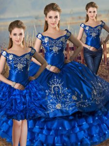 Ideal Royal Blue Lace Up Off The Shoulder Embroidery and Ruffled Layers Quinceanera Gown Satin and Organza Sleeveless
