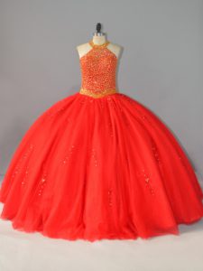 High Class Ball Gowns Quinceanera Dresses Red Halter Top Tulle Sleeveless Floor Length Lace Up
