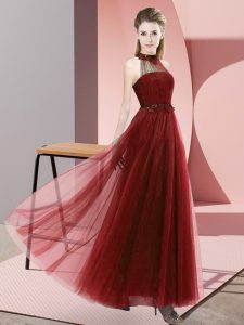 Attractive Tulle Halter Top Sleeveless Lace Up Beading and Appliques Vestidos de Damas in Wine Red