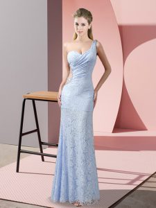 Admirable Lavender Column/Sheath One Shoulder Sleeveless Lace Floor Length Criss Cross Beading and Lace 