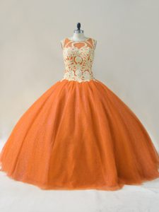 Sumptuous Floor Length Lace Up 15th Birthday Dress Orange for Sweet 16 and Quinceanera with Beading and Appliques