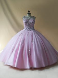 Inexpensive Baby Pink Lace Up Scoop Beading Quinceanera Dresses Tulle Sleeveless