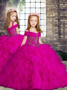  Fuchsia Little Girls Pageant Gowns Party and Wedding Party with Beading and Ruffles Straps Sleeveless Lace Up