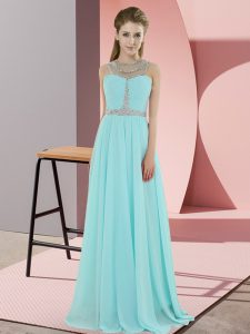 Inexpensive Floor Length Baby Blue Dress for Prom Scoop Sleeveless Zipper