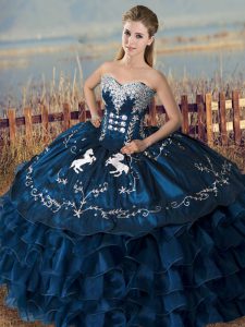 Ideal Ball Gowns Sweet 16 Quinceanera Dress Navy Blue Sweetheart Satin and Organza Sleeveless Floor Length Lace Up